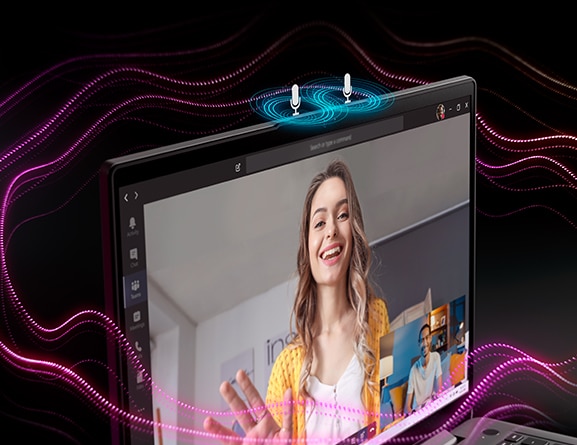 Nærbilde av mikrofon på den bærbare IdeaPad 3i Gen 7 i Arctic Grey, med folk på skjermen som videochatter