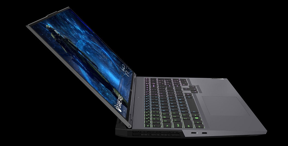 Vista laterale sinistra del notebook da gaming Lenovo Legion 5i Pro di settima generazione (16'' Intel), modello Stone Grey
