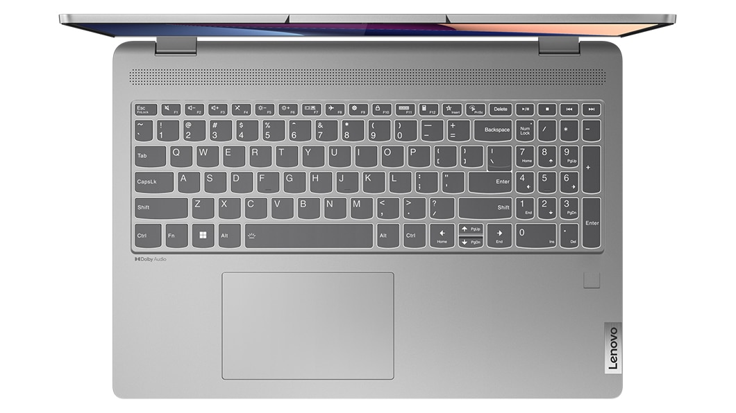 Overhead shot of keyboard on Artic Grey IdeaPad Flex 5i in laptop mode.