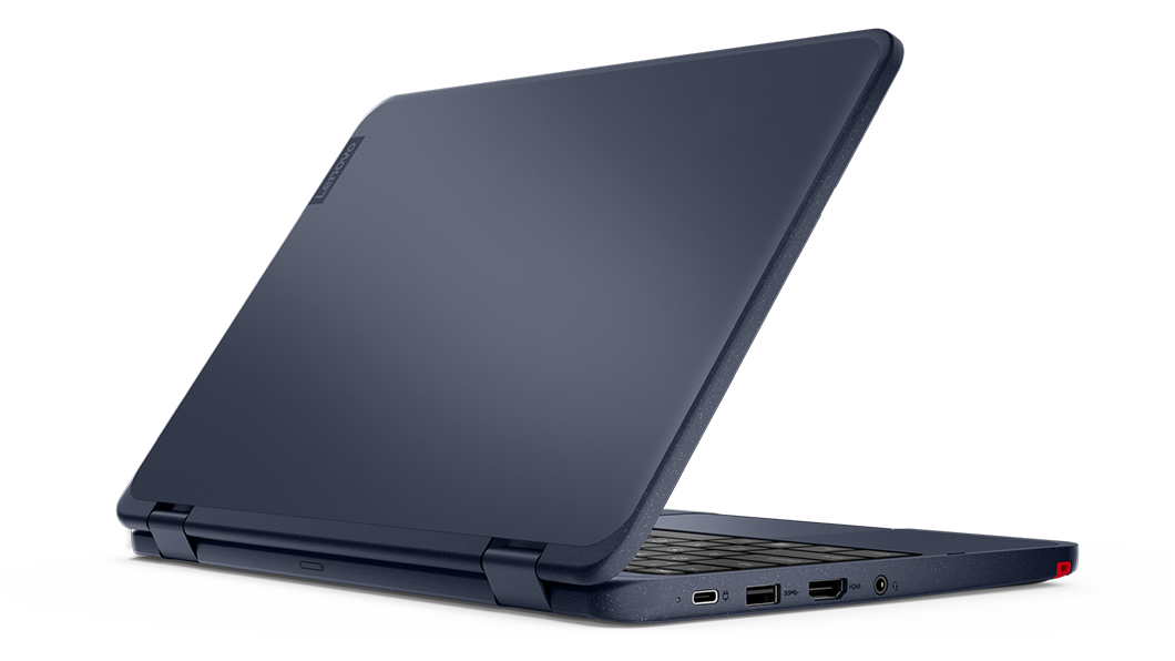 Achteraanzicht van de Lenovo 300w Gen 3 2-in-1-laptop, ongeveer 80 graden geopend, zodat de kleur Blue met gespikkelde afwerking zichtbaar is.