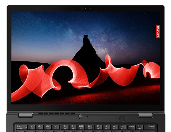 Vue avant du Lenovo ThinkPad L13 Yoga Gen 4 montrant l’écran coloré et les boutons de navigation du haut du clavier