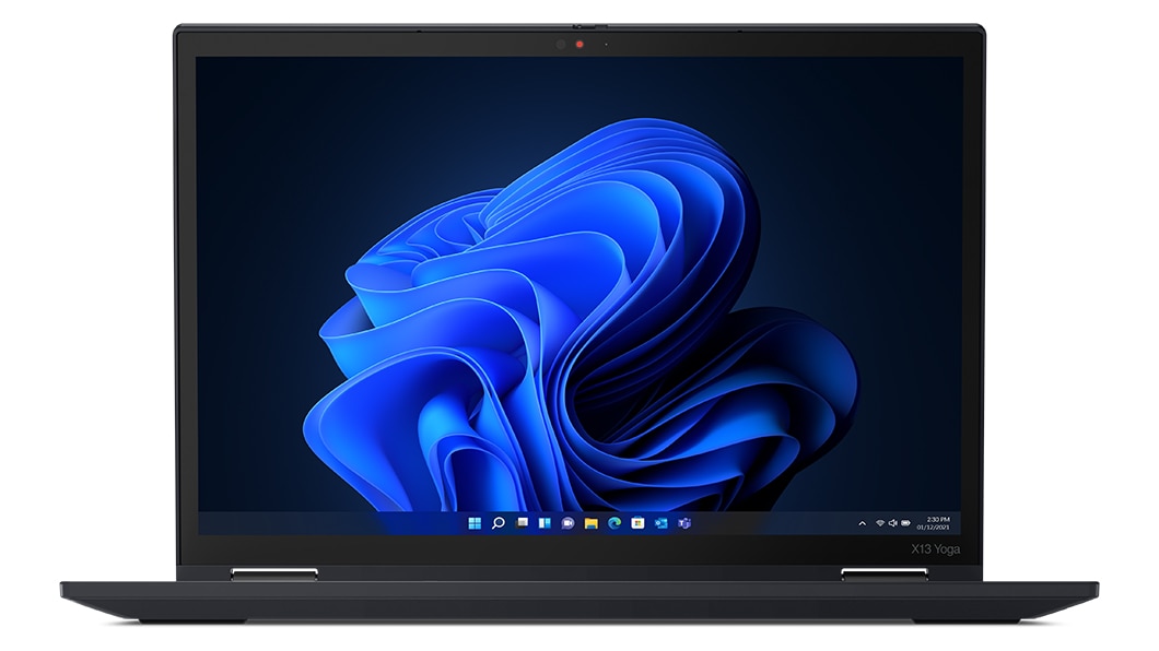 Vue avant du ThinkPad X13 Yoga Gen 3 (13'' Intel) en mode tente, montrant l’écran