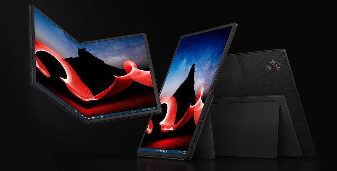 3 Lenovo ThinkPad X1 Fold devices, 1 in landscape mode, 1 in portrait mode, & 1 showing the rear side of optional keyboard with kick stand.