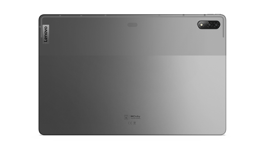 Vista trasera de la tablet Lenovo Tab P12 Pro que muestra el chasis de aleación de aluminio de doble tono color Storm Grey.