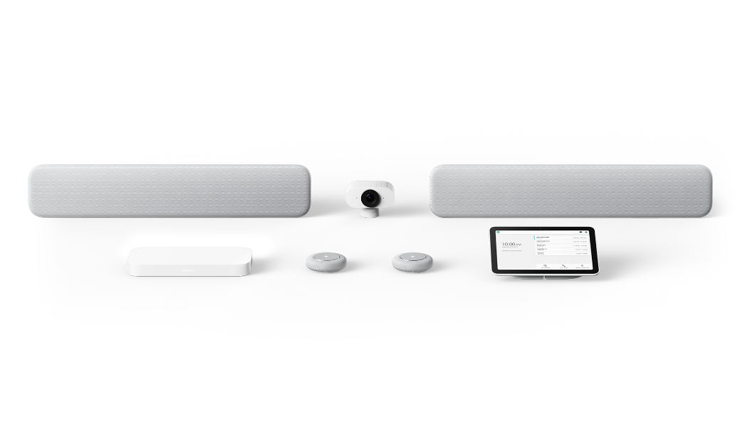 Lenovo ThinkSmart Google Meet Room Kit con dos barras de altavoces, cámara estándar, unidad de computación, dos bases para micrófono y control táctil en color tiza