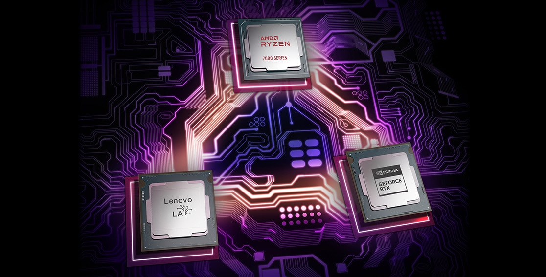 Close up shots of AMD Ryzen, NVIDIA GeForce RTX and Lenovo LA 1 chips