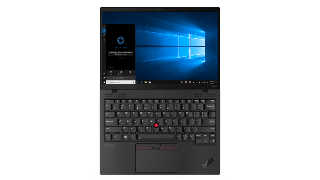 Bovenaanzicht van de ThinkPad X1 Nano-laptop, plat geopend