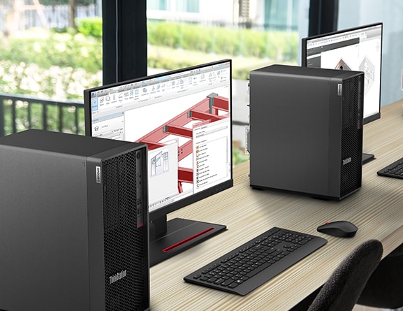 Büroschreibtisch mit einer Lenovo ThinkStation P358 Tower-Workstation neben einem Monitor, einer Tastatur und einer Maus (alle separat erhältlich)