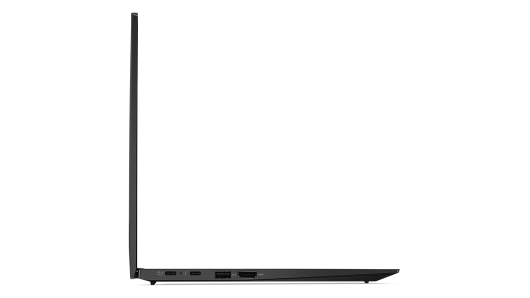 Perfil do lado esquerdo do portátil Lenovo ThinkPad X1 Carbon (11.ª geração) aberto, a mostrar as portas e as ranhuras.