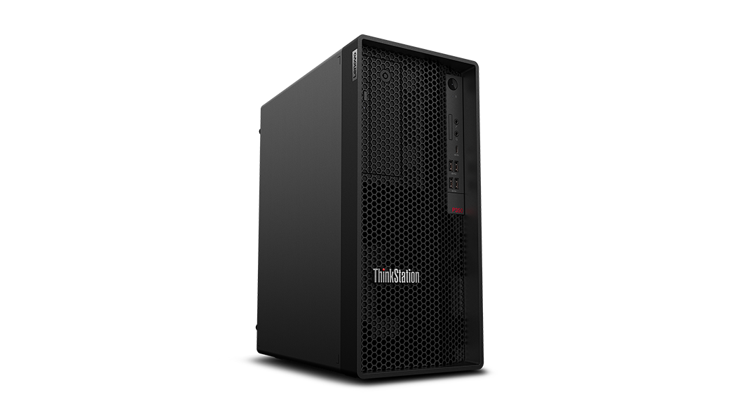 Lenovo ThinkStation P350 Tower workstation—front view, ¾ right-front view from bottom
