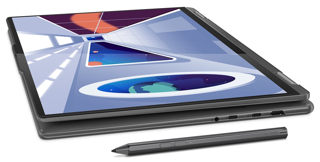Portable Yoga 7i Gen 8 en mode tablette avec l’écran allumé et un stylet