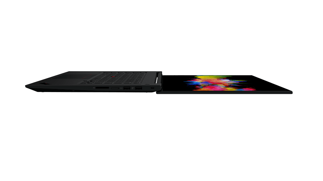 Profil droit de la station de travail mobile Lenovo ThinkPad P1 Gen 4 ouverte à 180 degrés.