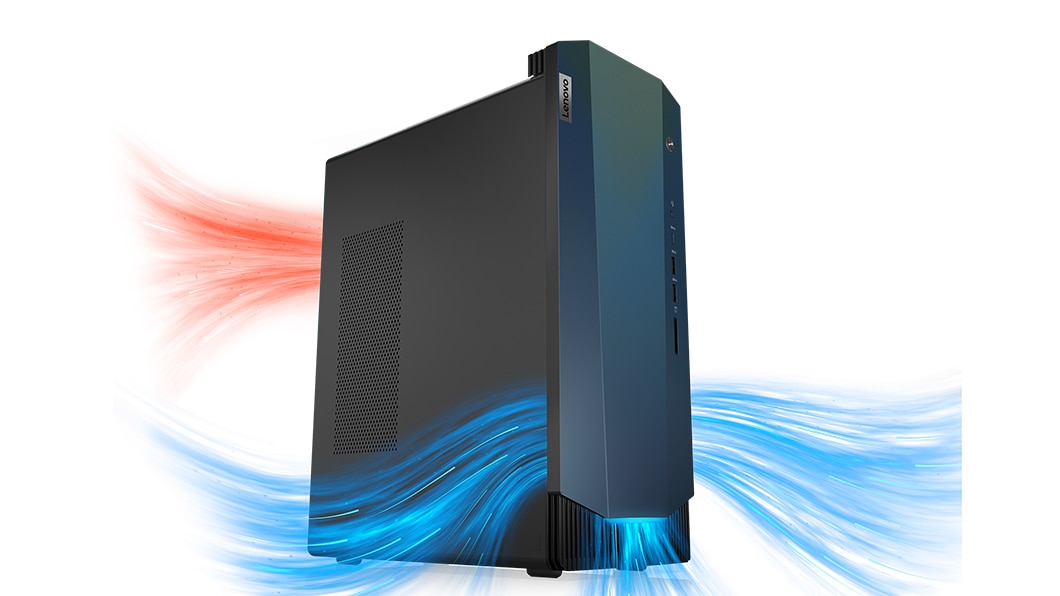 Low left-angle view of the IdeaCentre Gaming 5 tower desktop, with illustration of air ventilation
