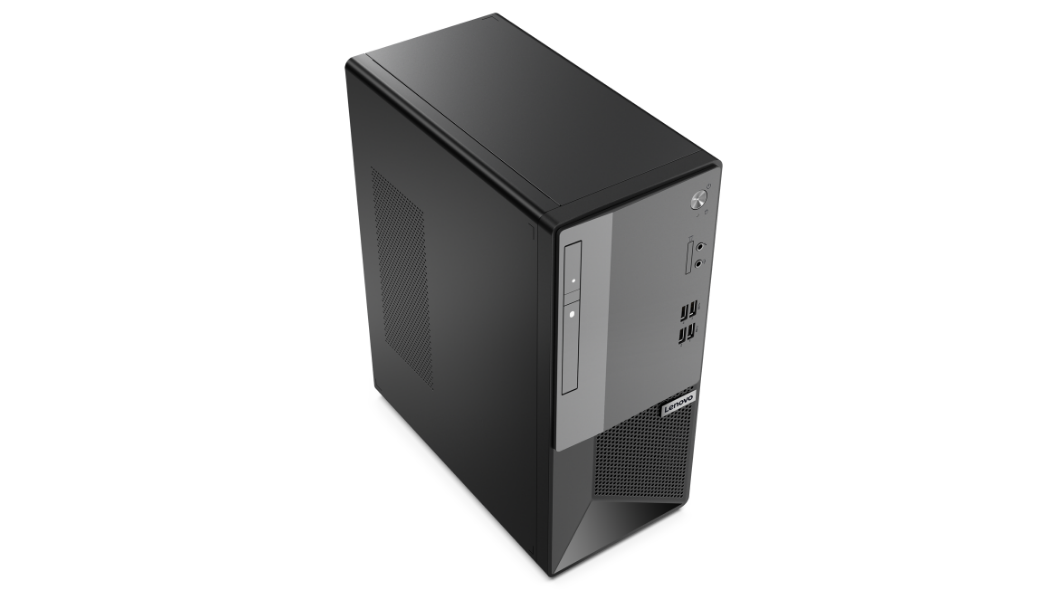 Overhead shot of Lenovo V55t Gen 2 Tower PC angled to show left side with vent.