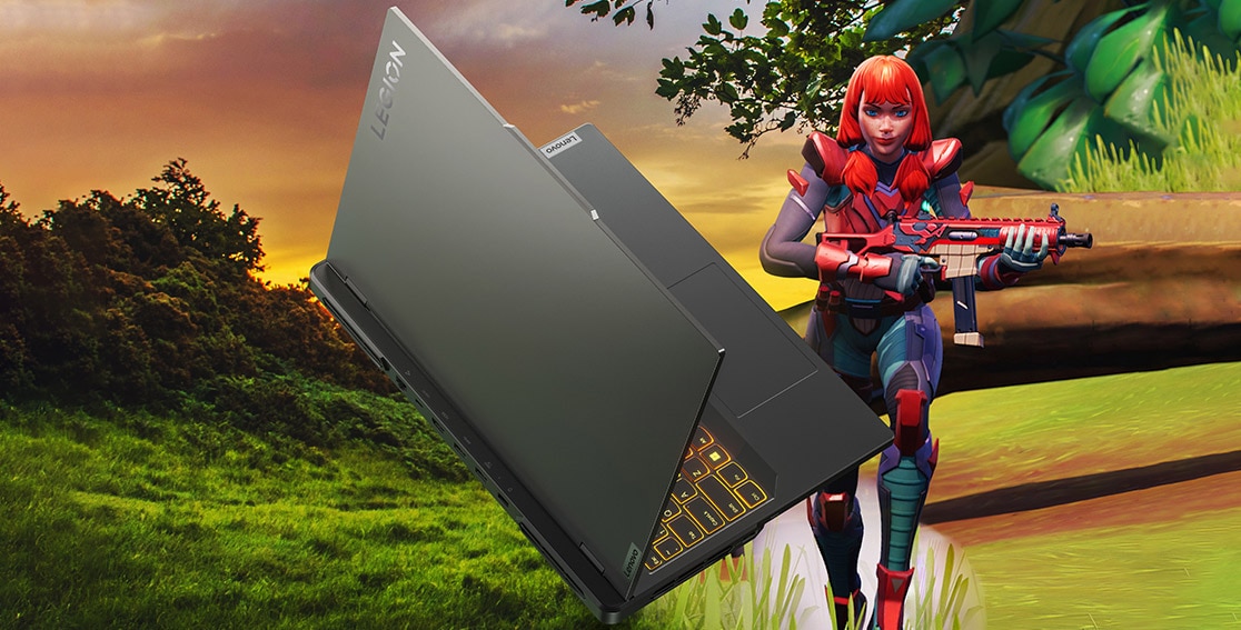 Legion Pro 5 Gen 8 (16″ AMD) in a field with a video game character standing next to it.