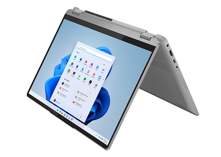 Portable IdeaPad Flex 5 Gen 8 en mode tente et orienté vers la gauche, avec l’écran allumé