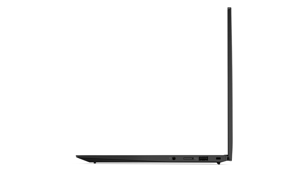 Bærbar Lenovo ThinkPad X1 Carbon Gen 11 i profil fra højre, åbnet med fokus på porte og stik.