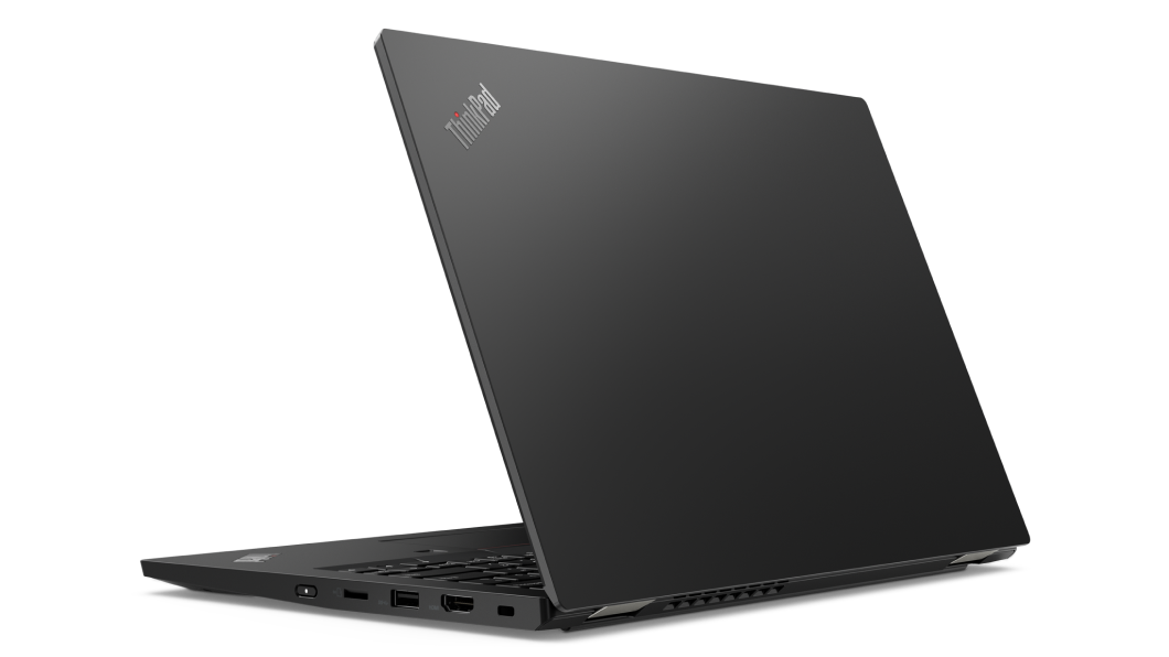 Vista trasera de tres cuartos del lateral izquierdo del Lenovo ThinkPad L13 de 2.ª generación negro