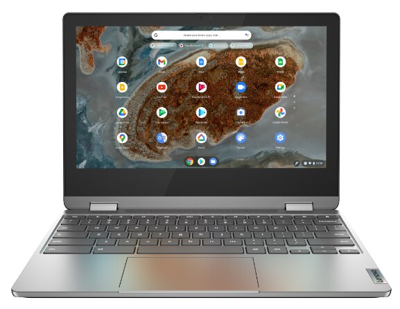IdeaPad Flex 3 Chromebook Gen 6 (11″ MTK) laptop mode open, screen on, front facing, Arctic Grey