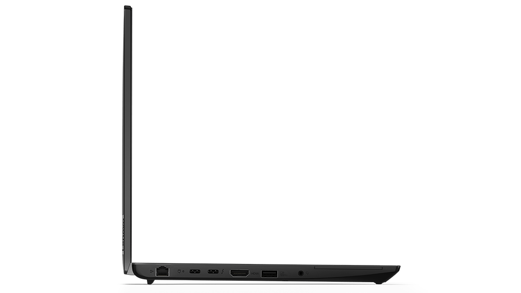 Vista del perfil superfino del lateral derecho del portátil Lenovo ThinkPad L14 3ra Gen (14”, Intel) abierto en un ángulo de 180 grados.