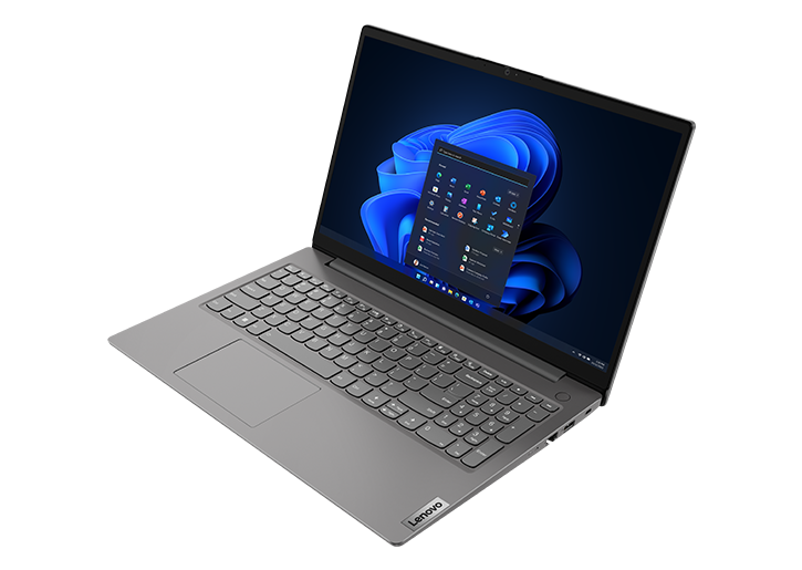 Gedeeltelijk rechterzijaanzicht van Lenovo V15 Gen 3-laptop (15” AMD), opengeklapt, met scherm, toetsenbord en poorten