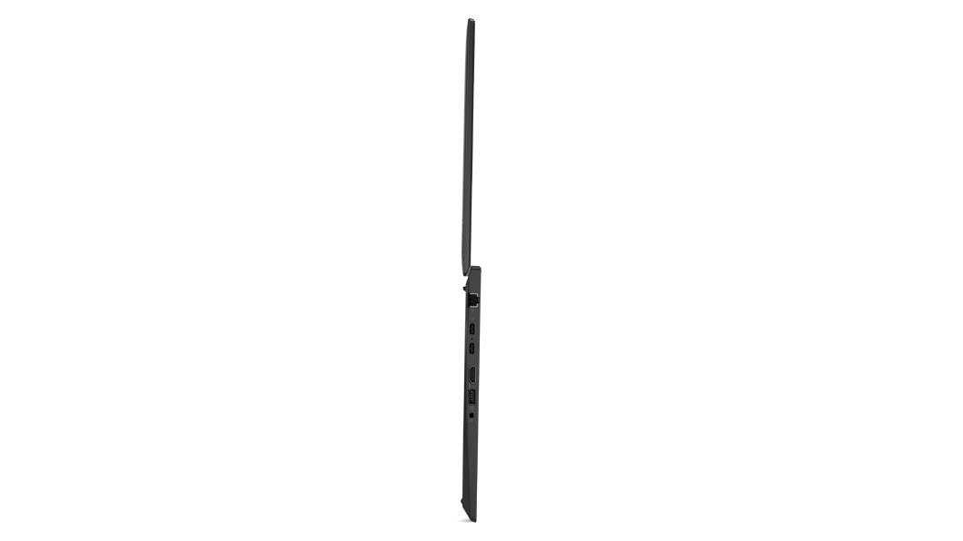 Perfil del lateral derecho del portátil Lenovo ThinkPad P14s de 3.ª generación abierto en un ángulo de 180 grados.