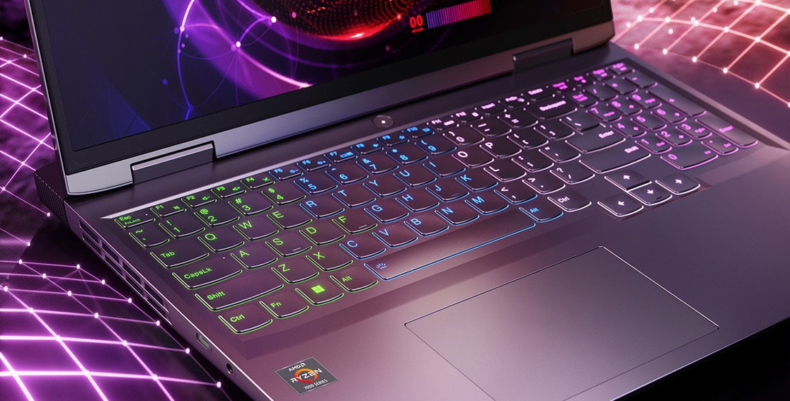 Close up of Lenovo LOQ 16APH8 laptop RGB backlit keyboard