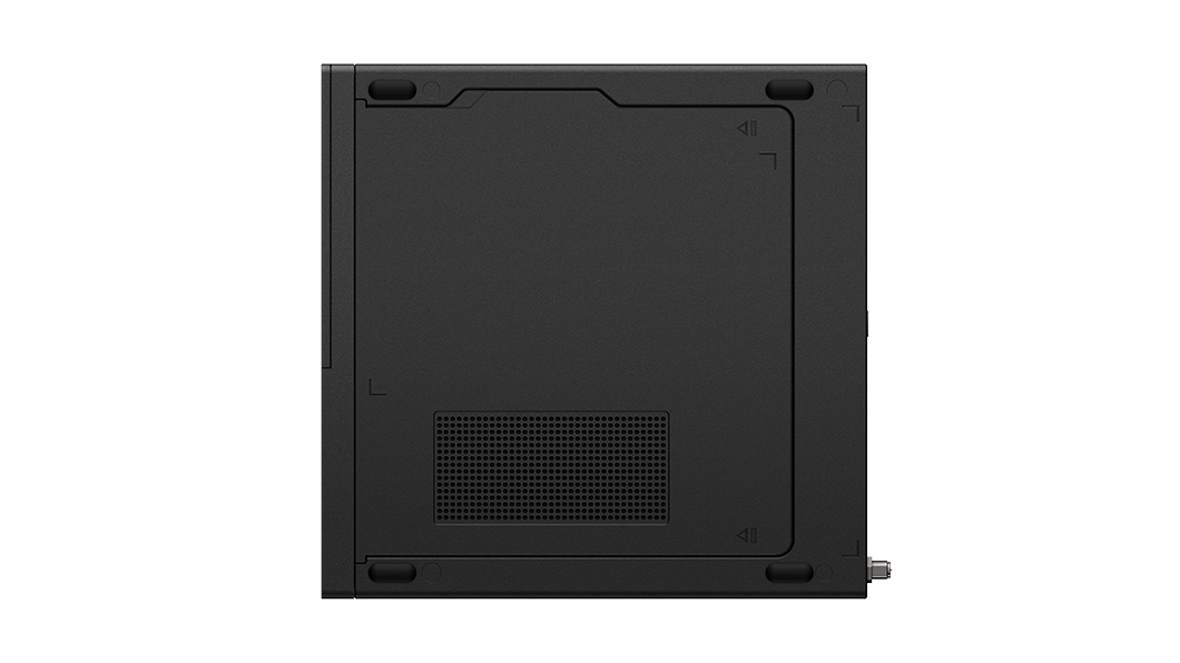 Overhead shot of bottom side of Lenovo ThinkStation P350 Tiny workstation showing vent and chassis opening.
