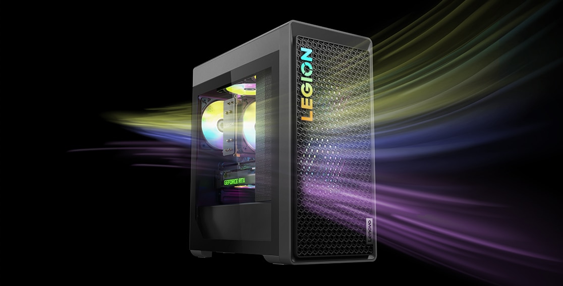 Photo illustration showing the advanced air cooling on the Legion Tower 5 Gen 8 (AMD), with vents on the back, front, and top to keep cool under pressure.