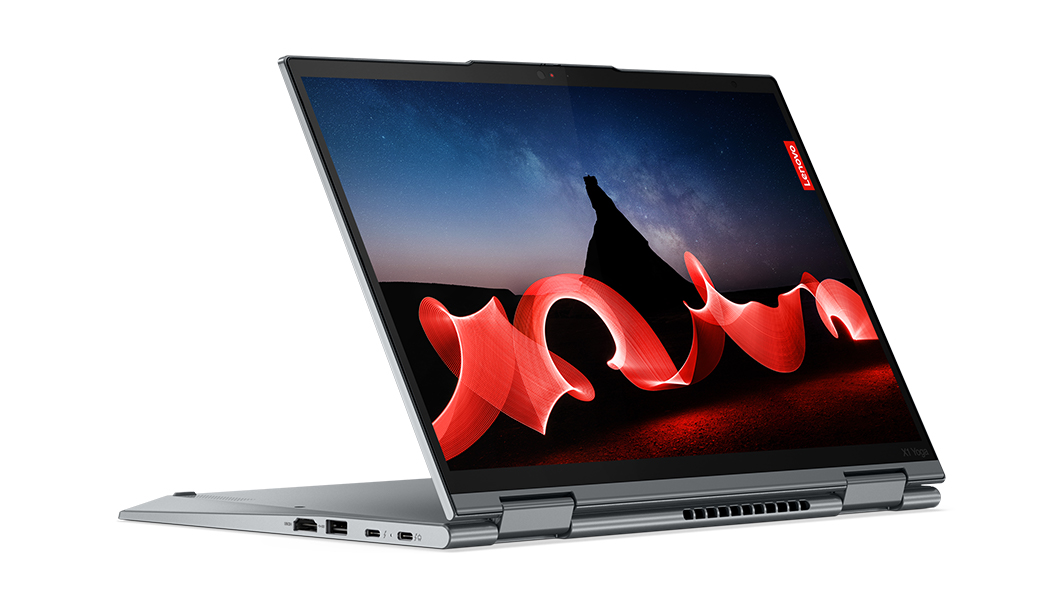 Lenovo ThinkPad X1 Yoga Gen 8 2-in-1 in stand mode, showcasing 14 inch OLED display.