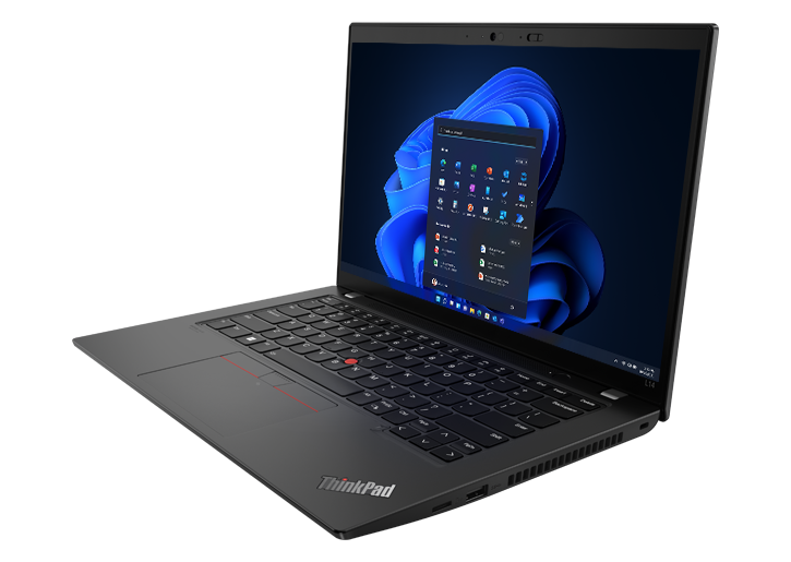 Bild från vänster av Lenovo ThinkPad L14 Gen 3 (14'' AMD), öppnad så att skärm, tangentbord och portar visas
