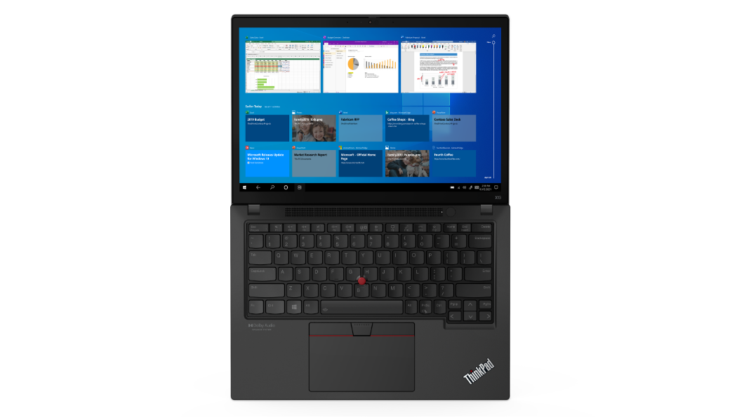 Ordinateur portable Lenovo ThinkPad X13 Gen 2 (13'' AMD) – vue de dessus avec le capot ouvert à 180 degrés, plusieurs graphiques et d’autres petites fenêtres affichés à l’écran