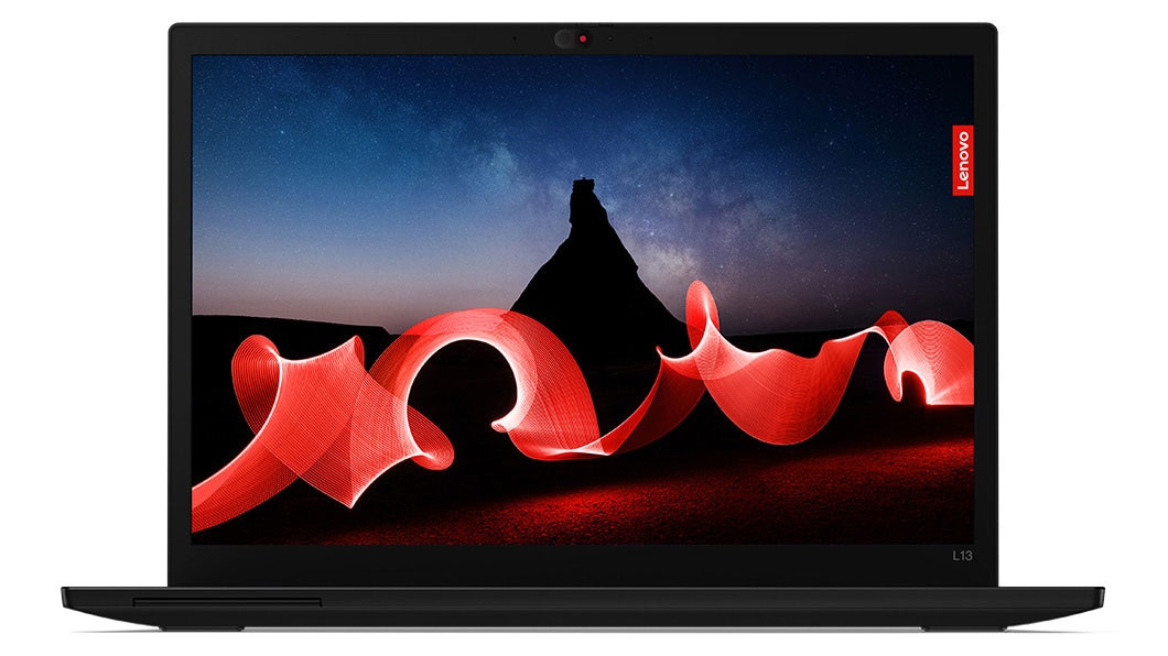 Front-facing Lenovo Thinkpad L13 Gen4 in laptop mode, showcasing its colorful 13 inch display.