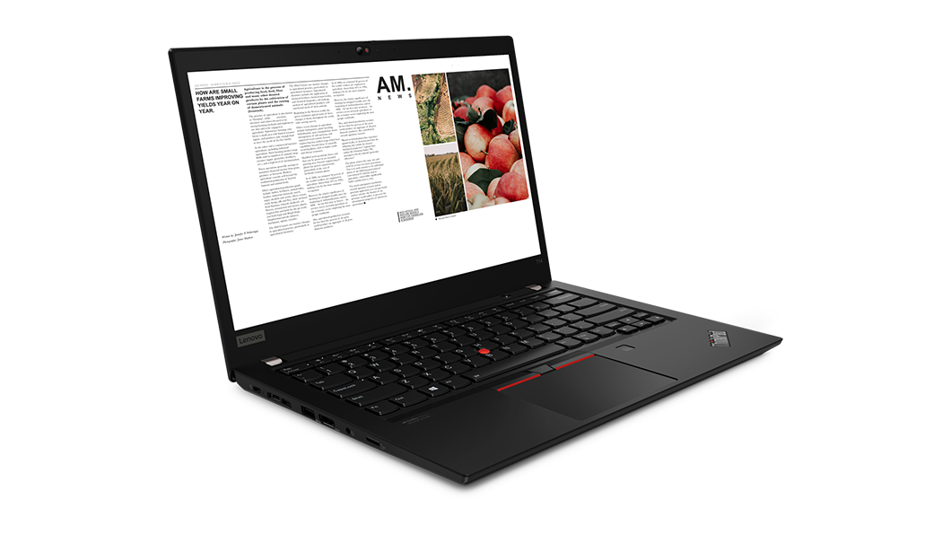 Lenovo ThinkPad T14 Gen 2 (14'' AMD) Notebook, um 90 Grad geöffnet, Schrägansicht mit Blick auf die Anschlüsse auf der linken Seite.