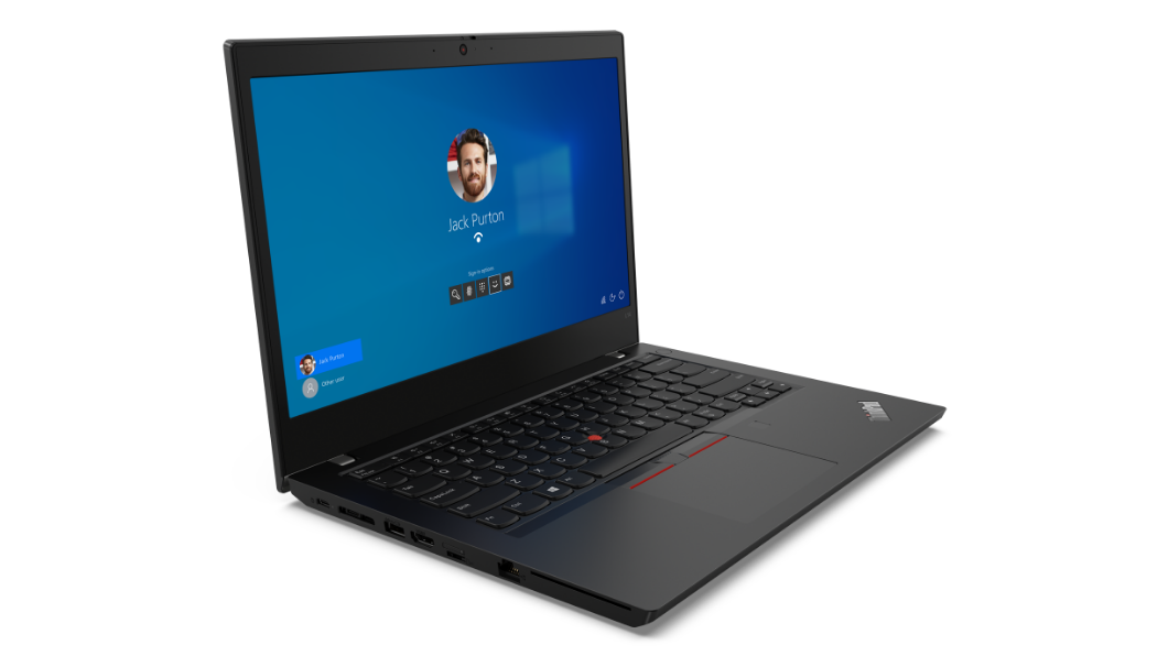 Lenovo ThinkPad L14 Gen 2 (14” AMD) laptop—3/4 left-front view with lid open and display showing Windows login screen