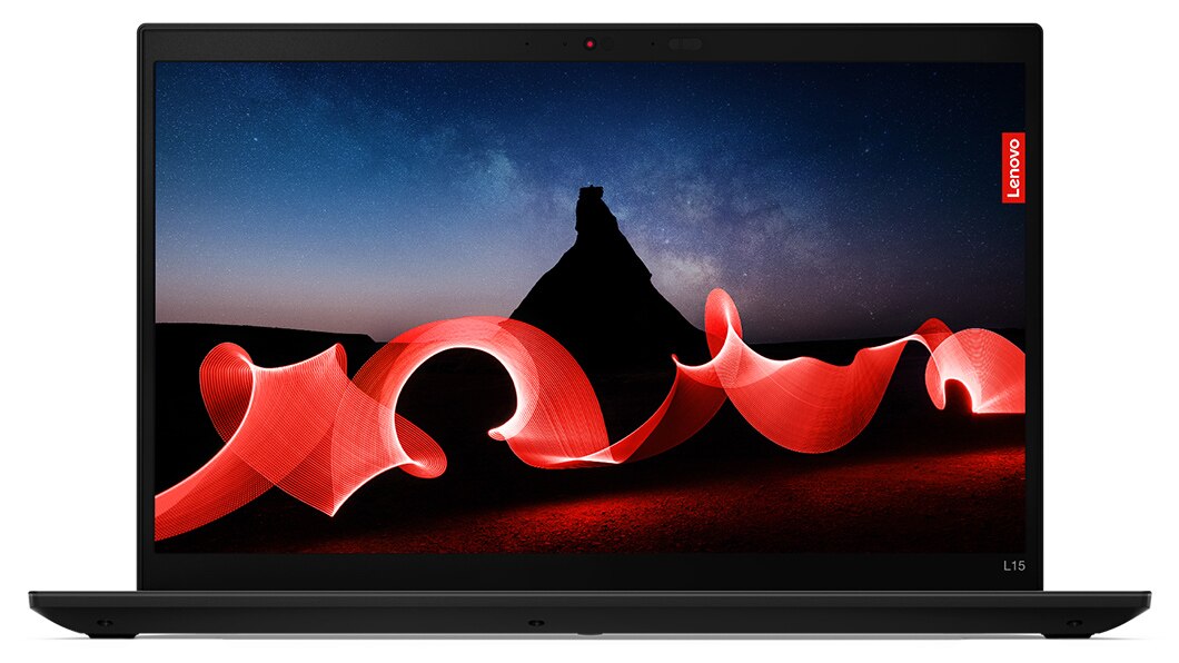 Lenovo ThinkPad L15 Gen 4 (15” Intel) laptop—front view, lid open, with screensaver image on the display showing desert scene at night with red motion graphics superimposed