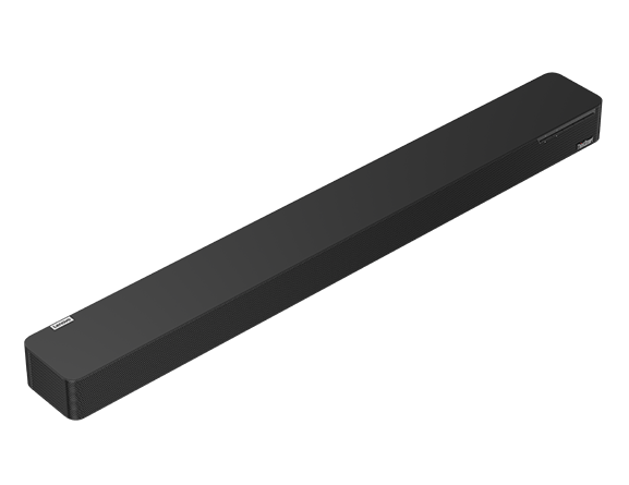 Lenovo ThinkSmart Bar ‑äänipalkki – 3/4-näkymä etuvasemmalta, käännetty ja kallistettu ylöspäin vasemmalta oikealle