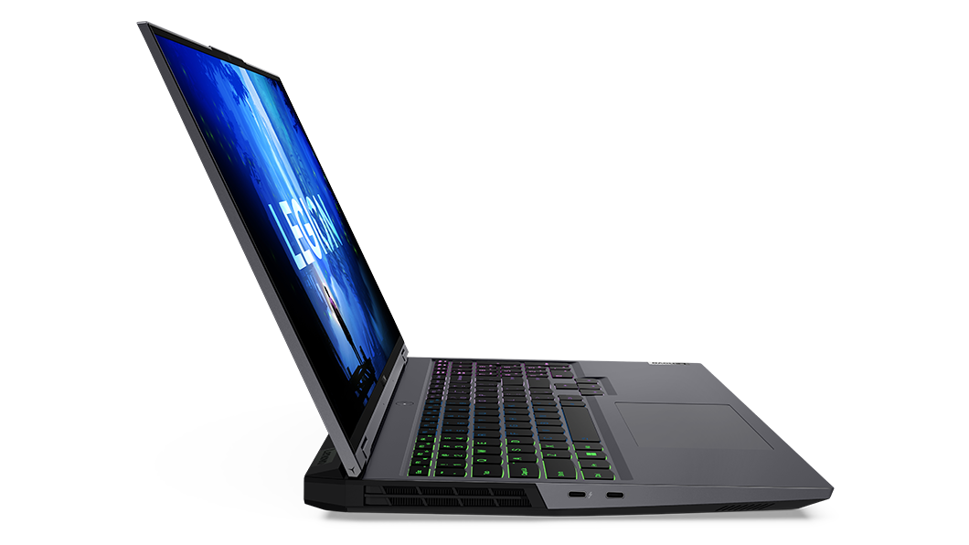 Vista lateral de la laptop para gaming Lenovo Legion 5i Pro 7ma Gen (16”, Intel) abierta, mostrando la retroiluminación opcional del teclado de 4 zonas RGB