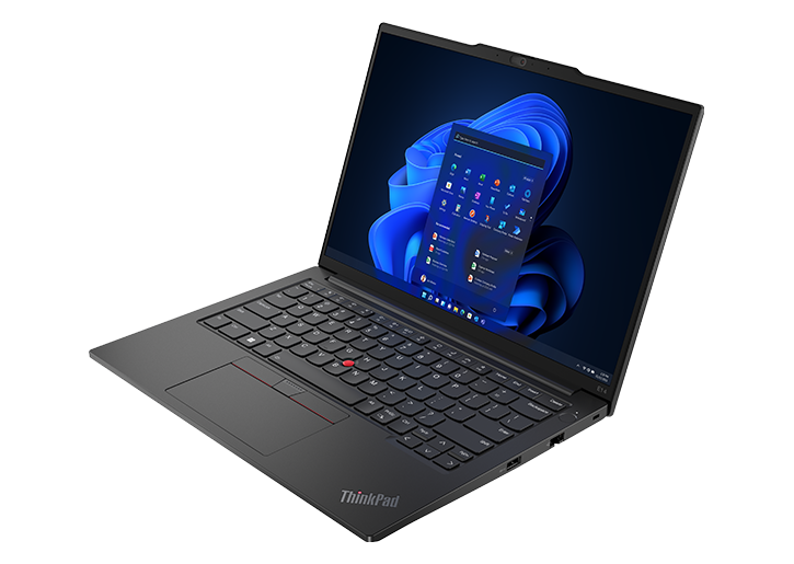 Lenovo ThinkPad E14 Gen 5 (14" AMD) laptop in Graphite Black – front-right view, lid open, with Windows 11 menu on the display
