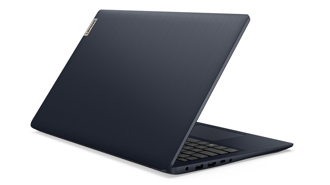 Abyss Blue IdeaPad 3i Gen 7-laptop achteraanzicht, naar rechts gericht