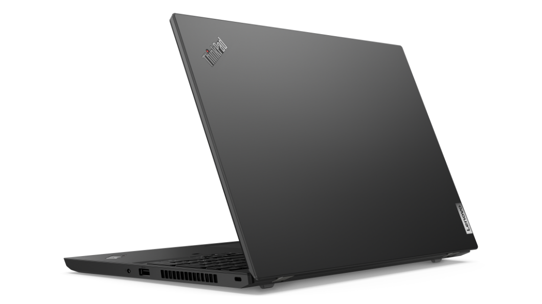Achterkant van Lenovo ThinkPad L15 Gen 2 (Intel), ongeveer 80 graden geopend, vanuit een lichte hoek om de poorten rechts te tonen.