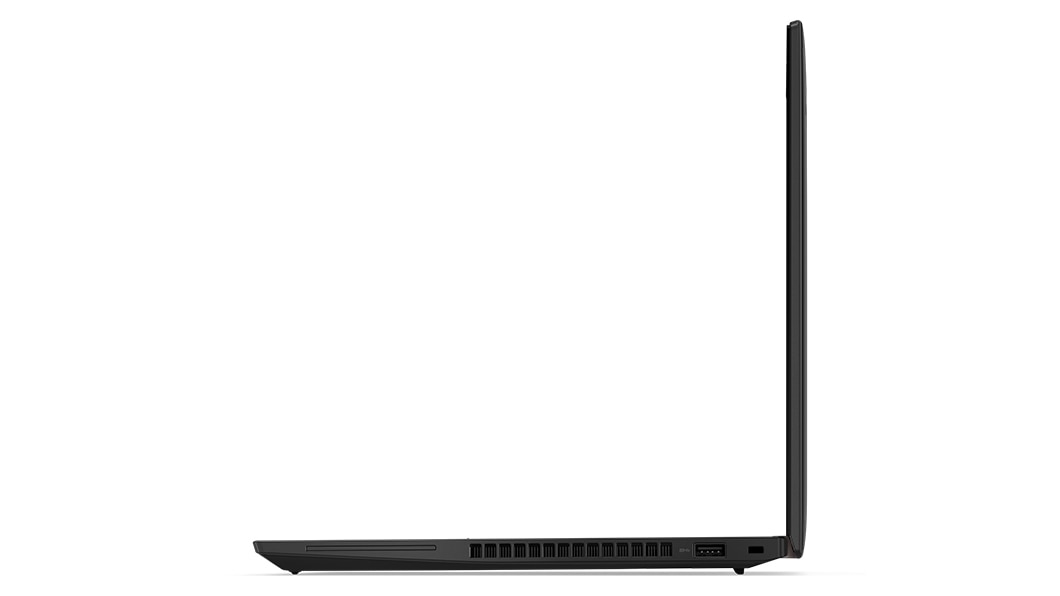 Right-side profile of the Lenovo ThinkPad T14 Gen 4 laptop open 90 degrees. 