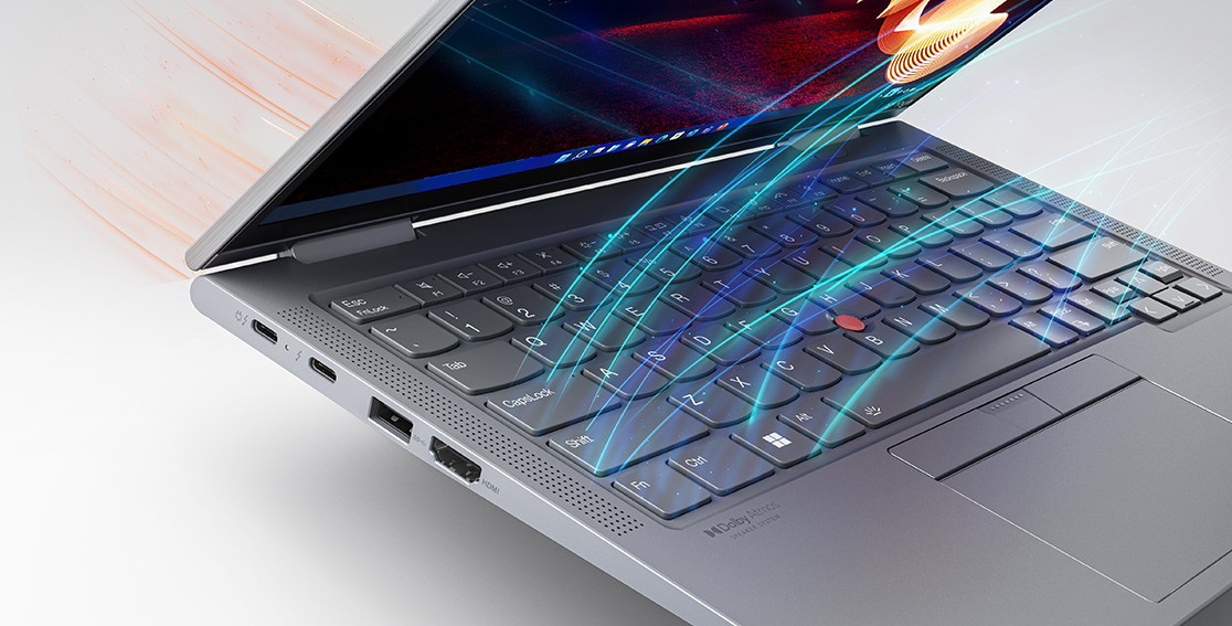 Close-up of the keys on the Lenovo ThinkPad X1 Yoga Gen 8 2-in-1 with colorful lines suggesting air flow intake.