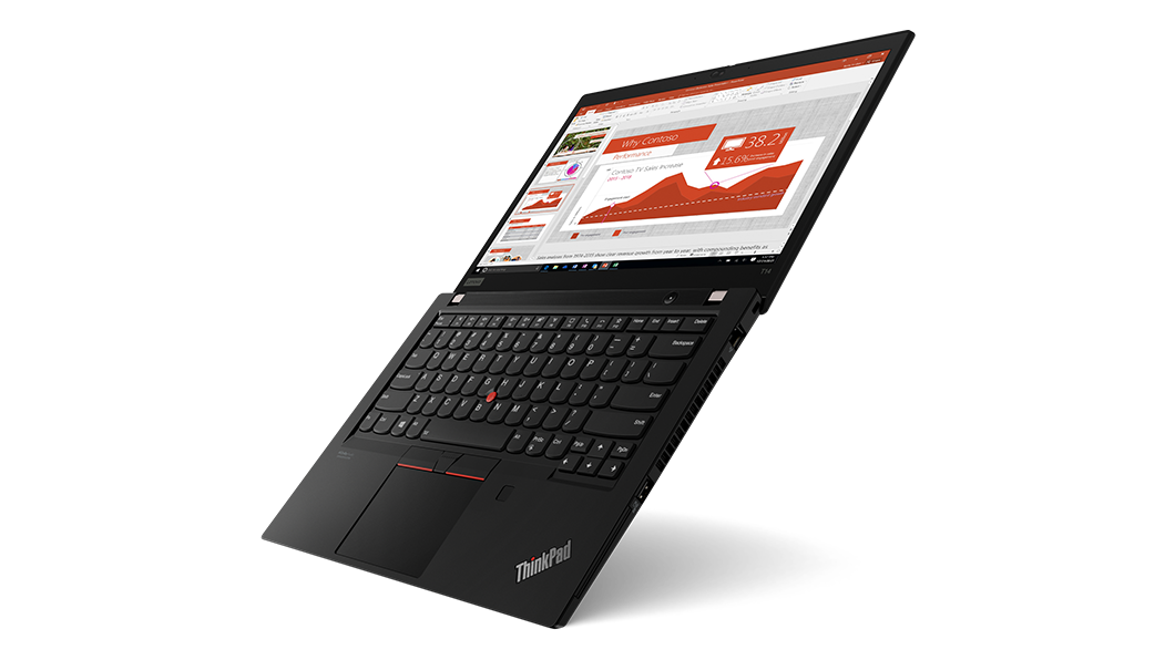 Lenovo ThinkPad T14 Gen 2-laptop (14'' AMD), 180 graden geopend, zwevend en verticaal onder een hoek, zodat het toetsenbord, beeldscherm en de poorten aan de rechterzijde zichtbaar zijn.
