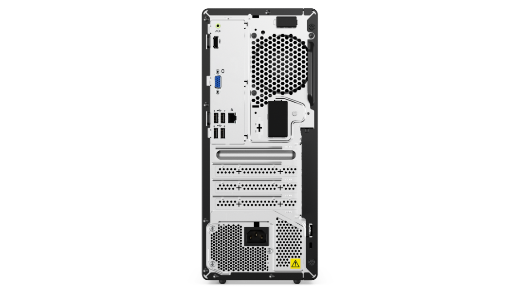 Rear facing Lenovo V55t Gen 2 Tower PC showing ports and slots.