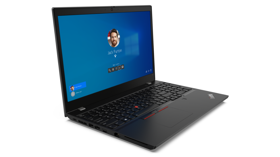 Lenovo ThinkPad L15 Gen 2 (15” AMD) laptop—3/4 left-front view with lid open and display showing Windows login screen