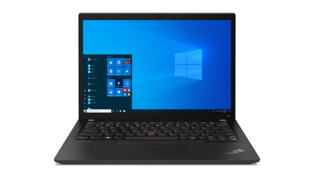 Pienoiskuva Lenovo ThinkPad X13 Gen 2 (13'', AMD) -kannettavasta – näkymä edestä, kansi avattuna, Windows-valikko näytössä