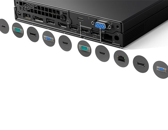 Close-up view of all Lenovo ThinkCentre M90q Gen 3 rear ports