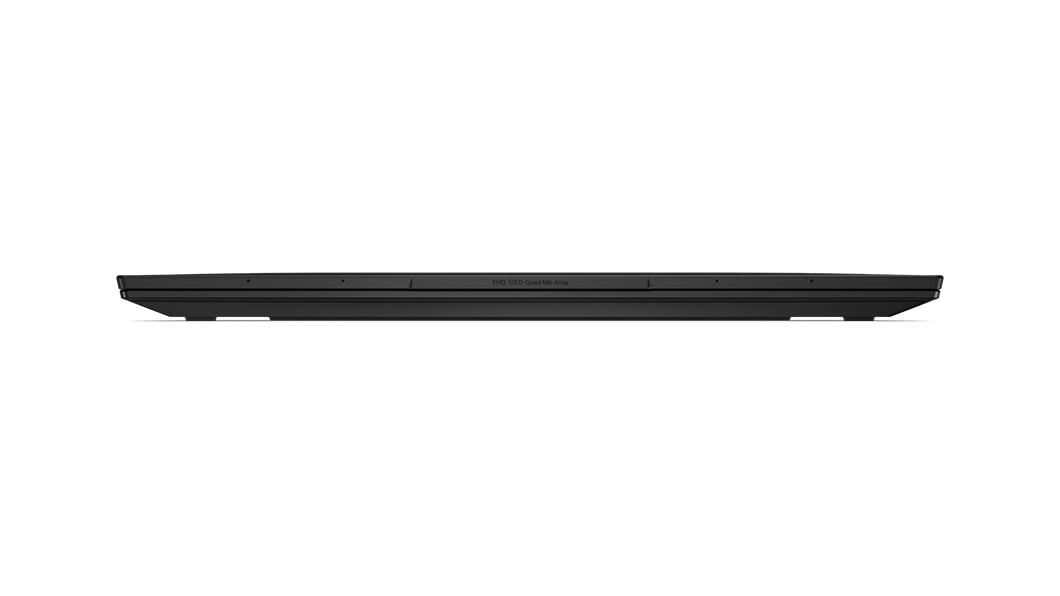 Bærbar Lenovo ThinkPad X1 Carbon Gen 11 i profil forfra med topdæksel lukket og fokus på toppen af kommunikationslinjen.