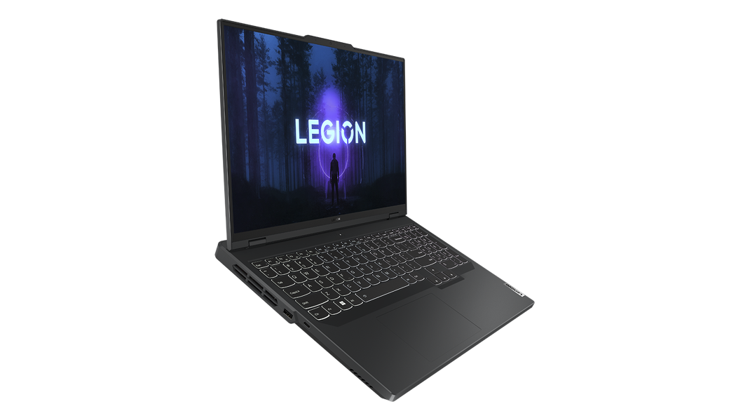 Legion Pro 5i Gen 8 (16'' Intel), svævende, set fra højre med hvidt tastaturbaggrundslys tændt